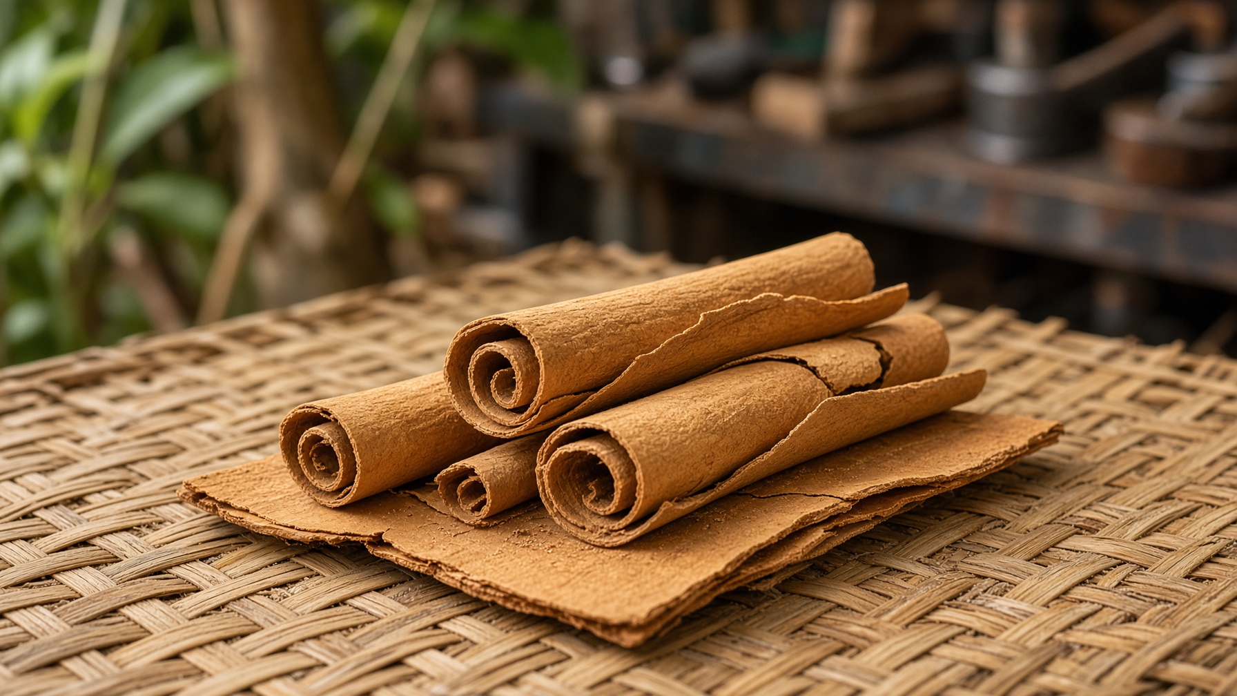Freshly peeled Ceylon cinnamon bark curling into quills