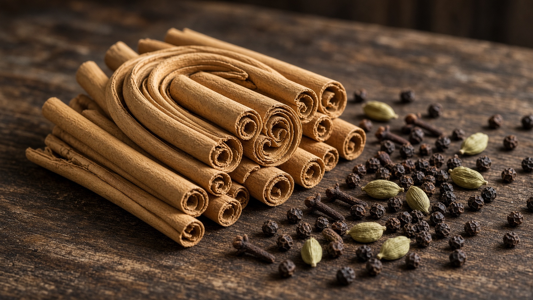 Ceylon cinnamon quills with pepper, cloves and cardamom